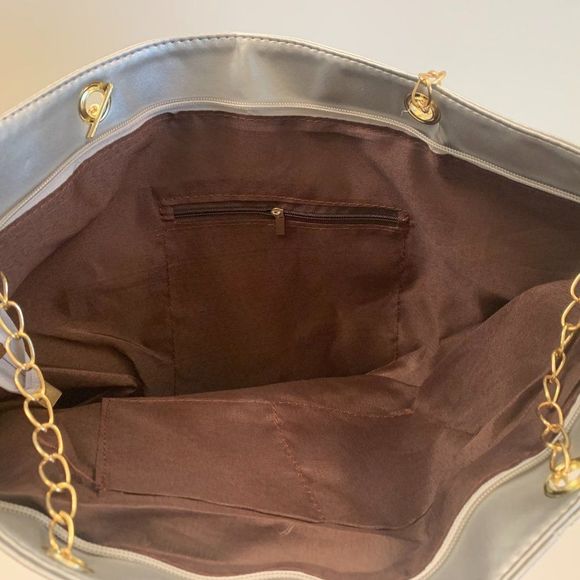 Silver Puffy Quilted Tote Bag w/ Chain Strap - Picture 4 of 6